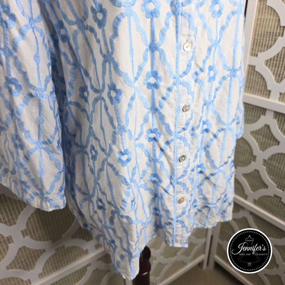 Ruby Rd. Blue & White Embroidered Trellis Pattern Button Front Blouse Size XL - Picture 8 of 14